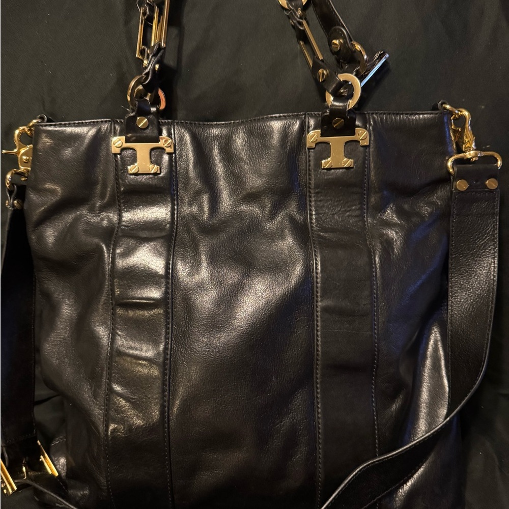 Tory Burch Black Leather XL Tote with Gold Hardware